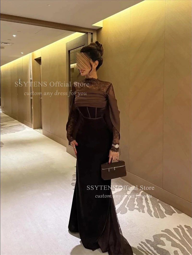SSYTENS Brązowe Welurowe Suknie Wieczorowe Saudyjska Koronka Syrenka Suknie Ślubne na Przyjęcia dla Kobiet Długie Rękawy Personalizowane Suknie Formalne na Przyjęcia