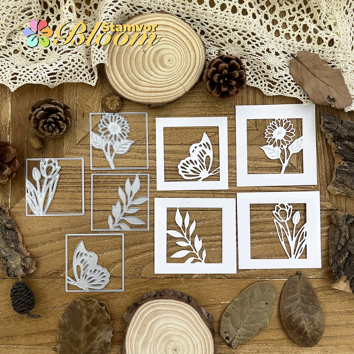 Schöne Sonnenblume, Schmetterling, Tulpenblätter, quadratische Rahmen, Metall-Stanzformen, Scrapbooking, dekorative Prägung