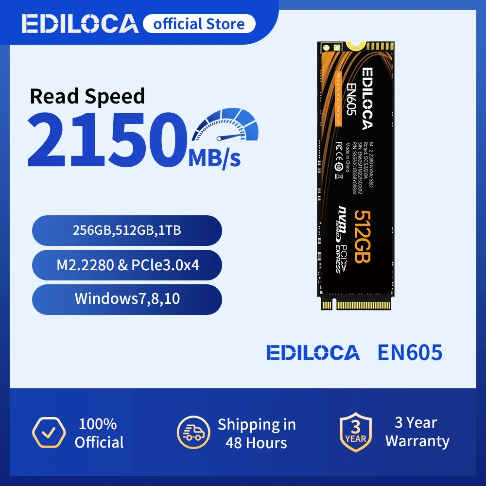 

Ediloca EN605 M.2 2280 SSD NVMe 1.3 SSD 2150MB/s 3D NAND TLC PCIe Gen3.0x4 Internal Solid State Drive For Laptop Desktop