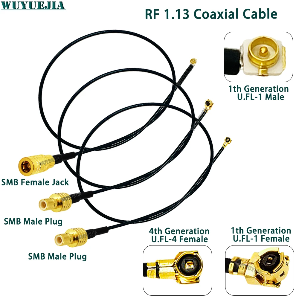 5~100 cm SMB Female to UFL1 / MHF4 Female Jack 50ohm RF1.13 Coaxial Cable Specification For Wireless Communication & IoT Devices