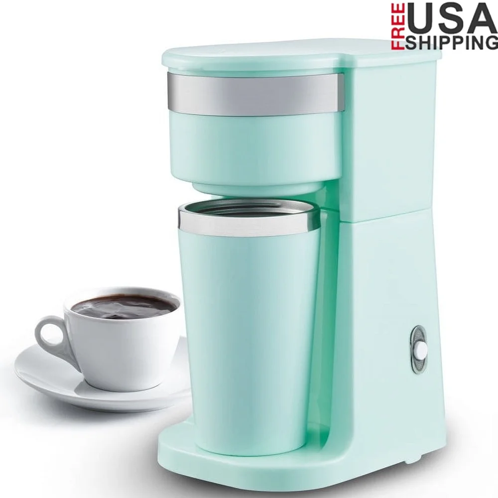 

Personal Coffee Maker with Travel Mug Stainless Steel Interior Compact Single Serve One Touch Operation Auto Shut Off Suitable