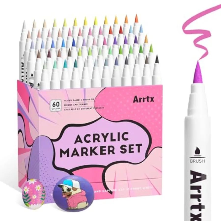 

60 Colors Paint Markers Pens, Acrylic Paint Pens for Artists Adults Coloring Drawing Cartoon Anime Comic - Brush Tip for Rock P
