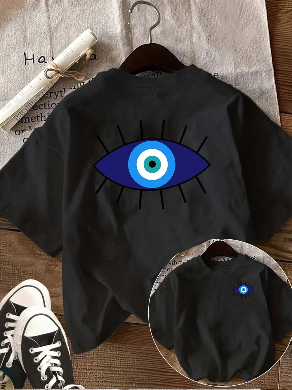 Evil Eye Protection Graphic Tee Nazar Symbol T-shirt Good Luck Charm Summer Top Casual Short Sleeve Fashion Streetwear for Women