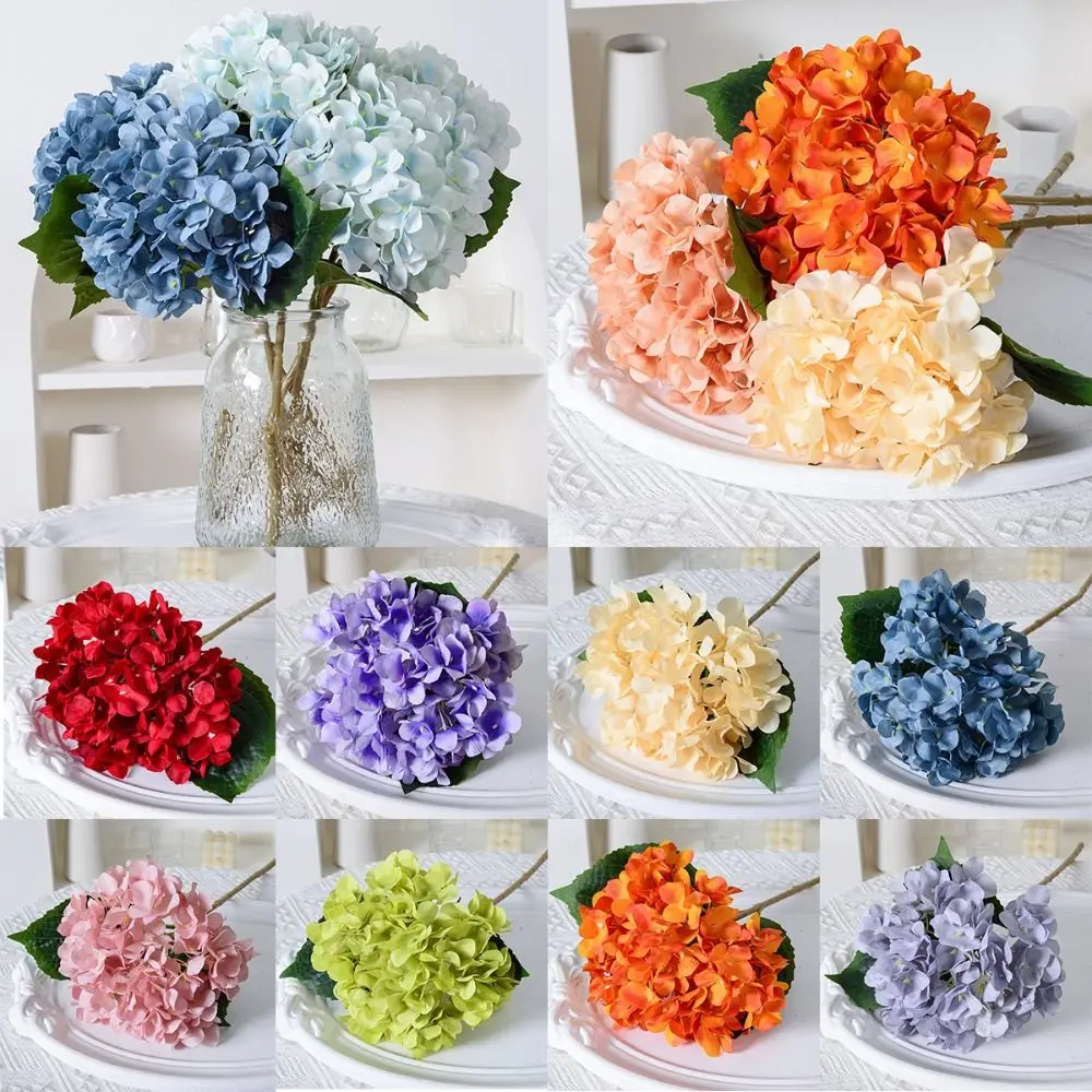 45CM Flower Bouquet Blue Artificial Hydrangea With Leaves Realistic Colorful Home Decor