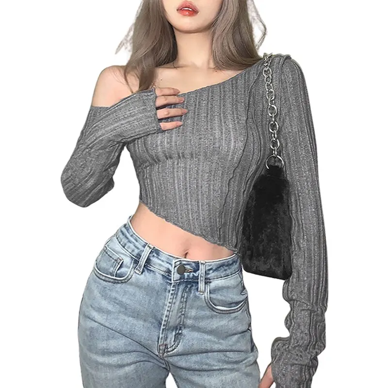 

Women Crop Tops Sexy Long Sleeve Irregular Neck Solid Slim Ladies Tops for Club Party