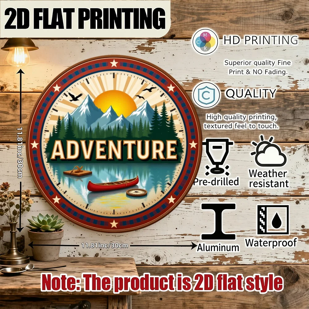 Wooden Canoe Mountain Wall Art, Round Metal Sign with Floral Geometric Patterns, Unique 2D Design Home Decor for Living Room