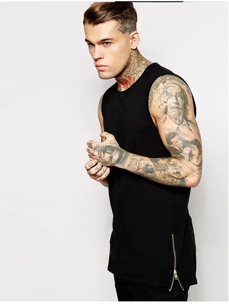 High Street Side Zipper Long Size Mens Tank Tops Brand Extension All-match Plain Man T-shirt Bottoming Vest Men Tanks Top — zdjęcie 2