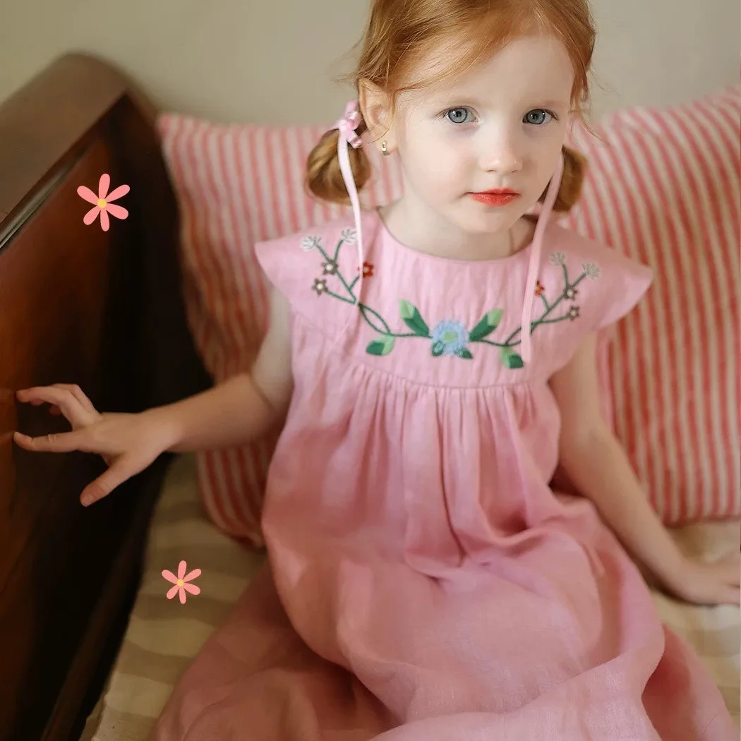 Girls Summer Dress New Floral Embroidery Patchwork Lace Dress Kids Pastoral Temperament Fashion Children Clothing