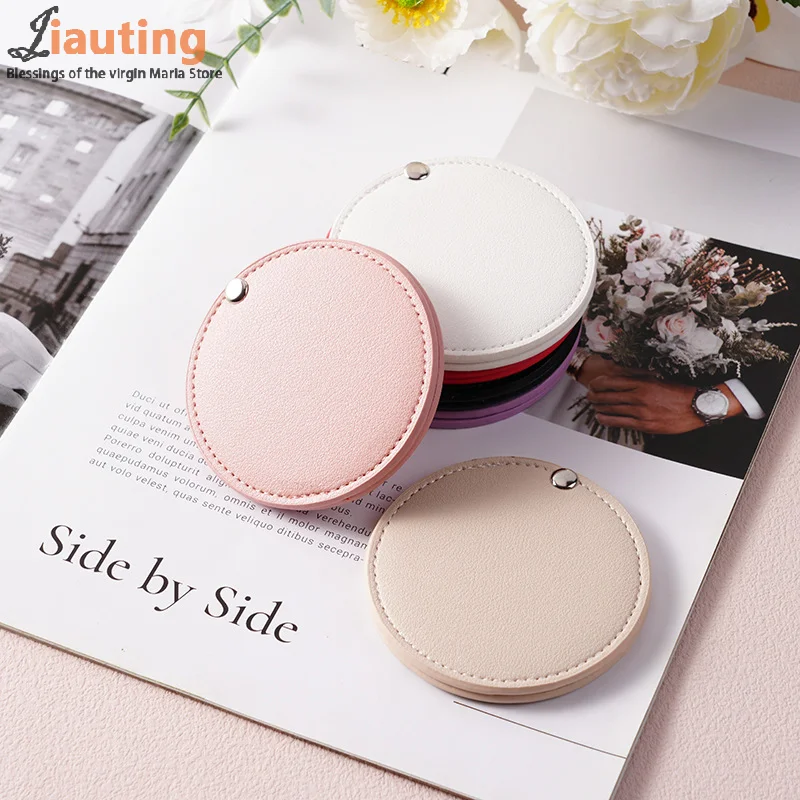 Espelho de maquiagem redondo ultrafino de couro pu, espelho cosmético de dupla face de aço inoxidável, espelho compacto de bolso dobrável para viagens