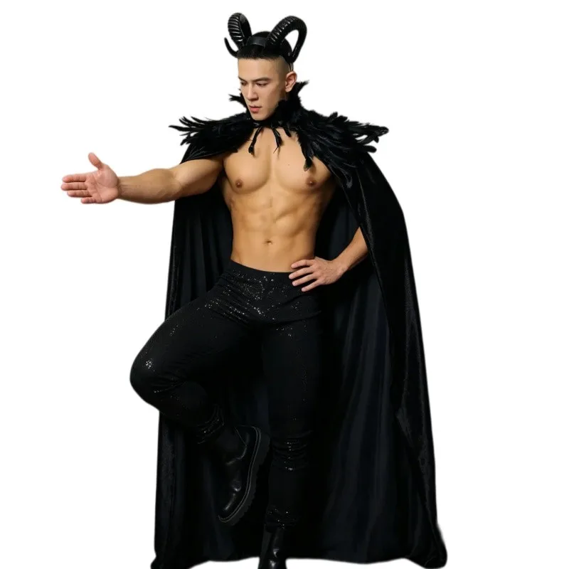 

Halloween Bar Lead Dance Costume Gogo Performance Clothes Male Female Curse Role Playing Cosplay Costume Black Feather Cloak Set