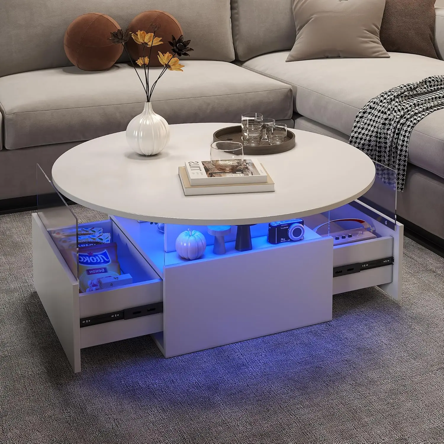 

31.5 Round Coffee Table for Living Room, LED Modern Living Room Table with Storage, Square Acrylic Coffee Tables with 2 Sliding