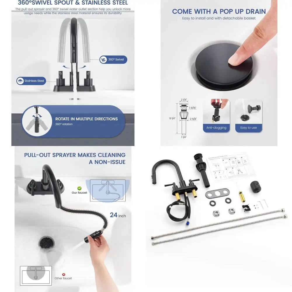 

Dual Handle Matte Black Pull-Out Spray Faucet with 360 Swivel Spout and Pop-Up Drain