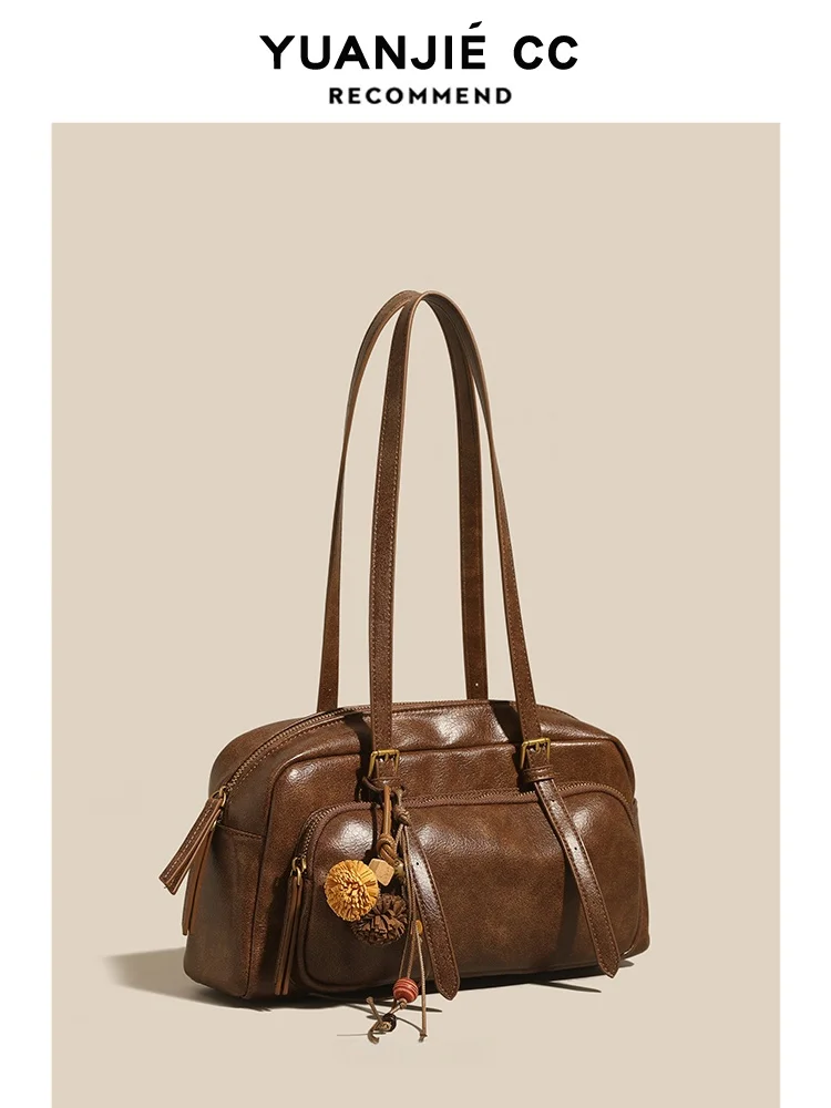 Leather Women's Bag 2026 New Autumn Winter Bowling Bag Daily Commute Versatile Shoulder Bag Large Capacity Retro Artistic Style