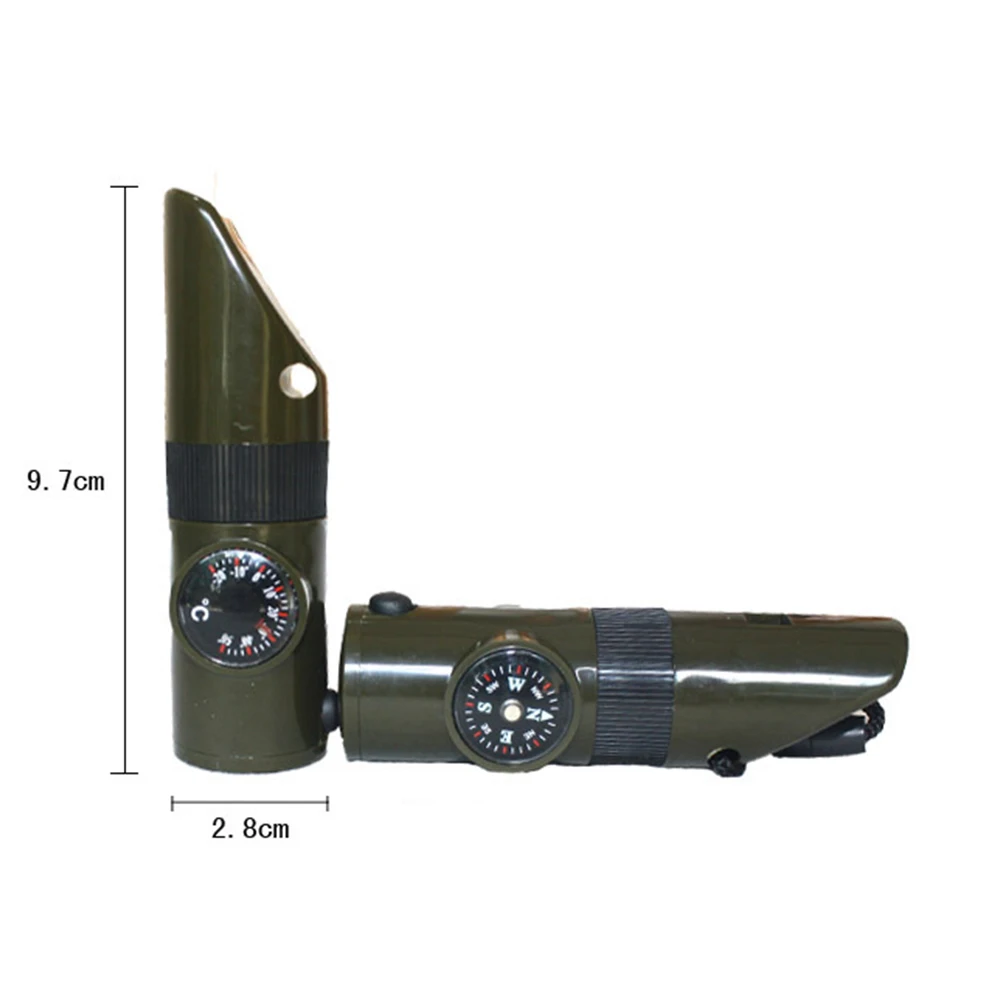 7 in 1 Compass Survival Whistle Multifunctional Thermometer Compass Whistle Magnifier Flashlight High Decibel for Camping Hiking