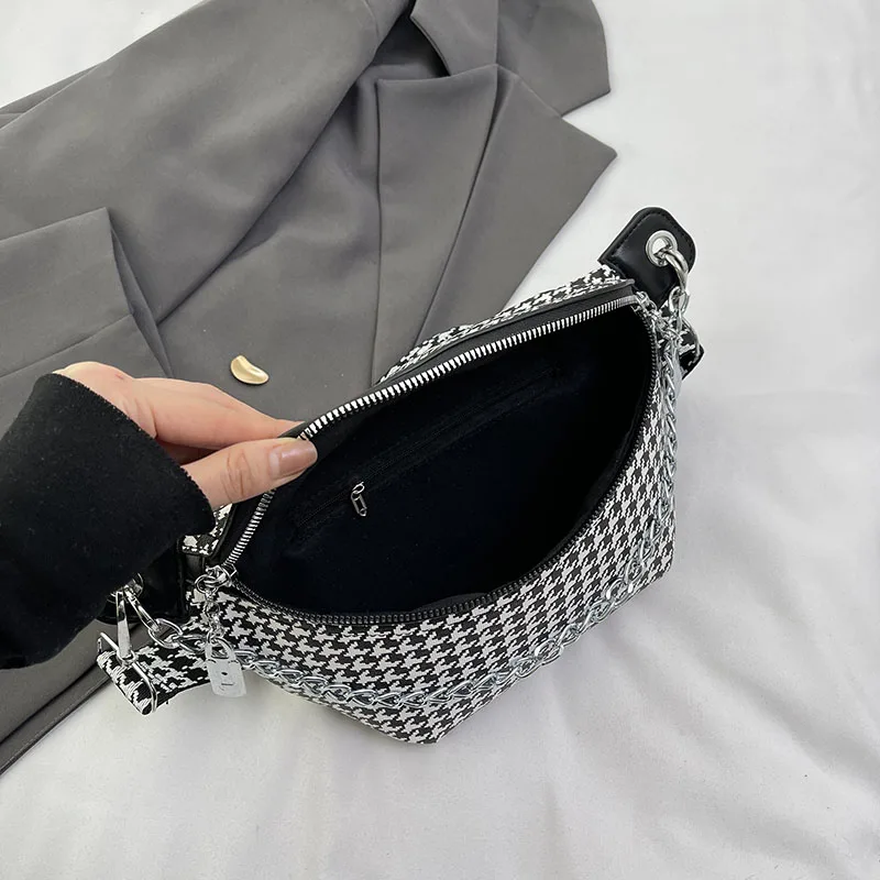 Fashion Chain Waist Bag For Women Houndstooth Chest Bag Quality Leather Fanny Pack Luxury Designer Female Shoulder Crossbody Bag