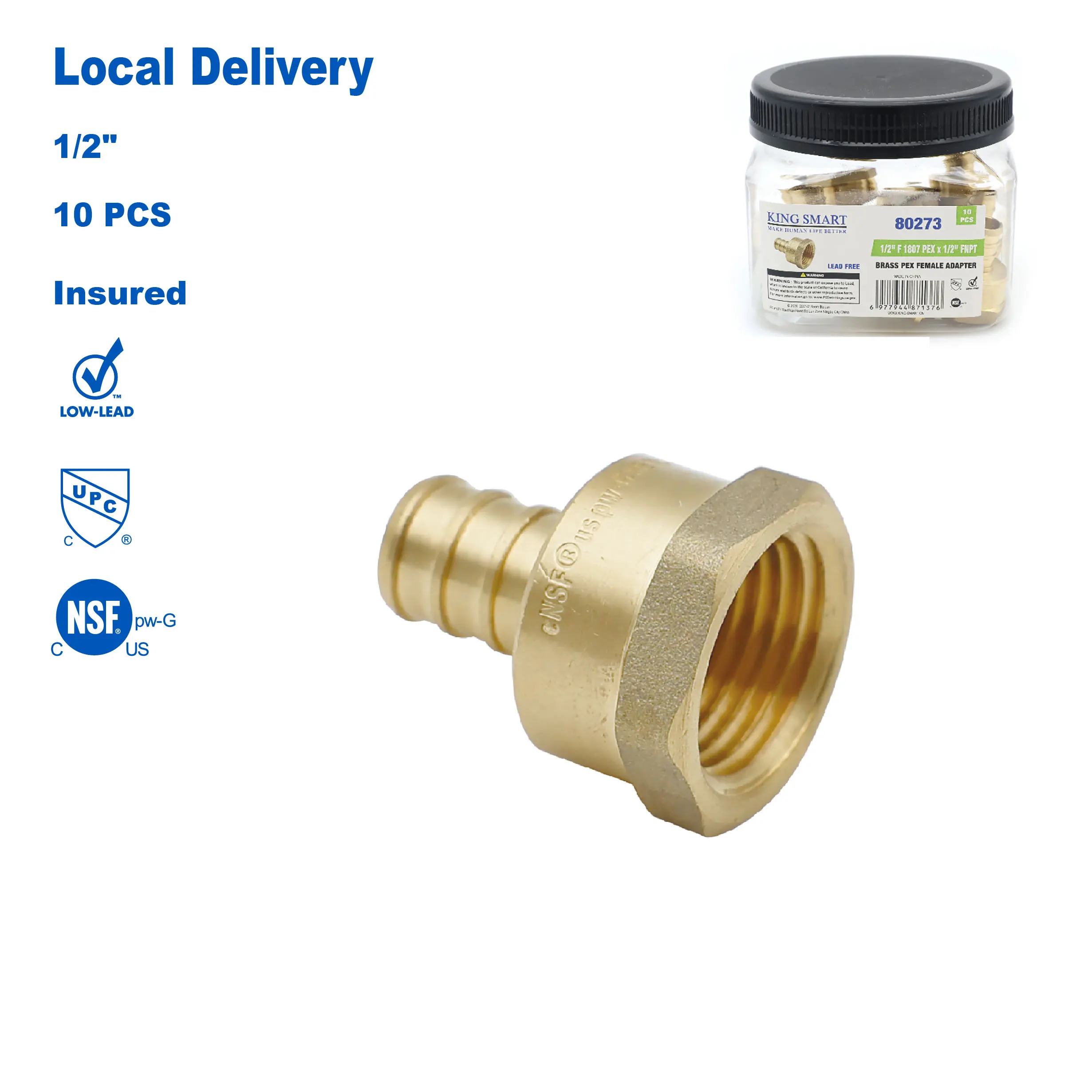 

KING SMART 1/2" Crimp pex Female NPT Straight Adapter; Lead Free Brass; 10Pcs/Case; 80273