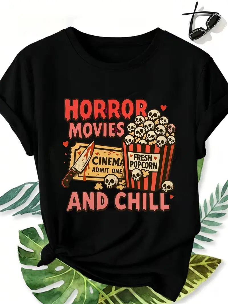 Attitude Tee Women's Round Neck T-Shirt Women's All-Season Basic Tees Horror Movies And Chill Popcorn Skulls Graphic Fun Prints