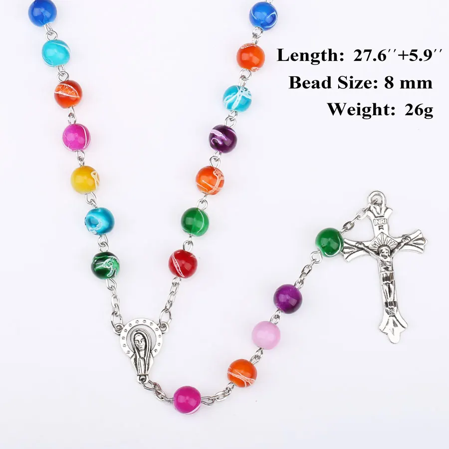 8MM Acrylic Prayer Bead Necklace For Women Crucifix Cross INRI Pendant Long Chain Girls Religion Christian Rosary Jewelry