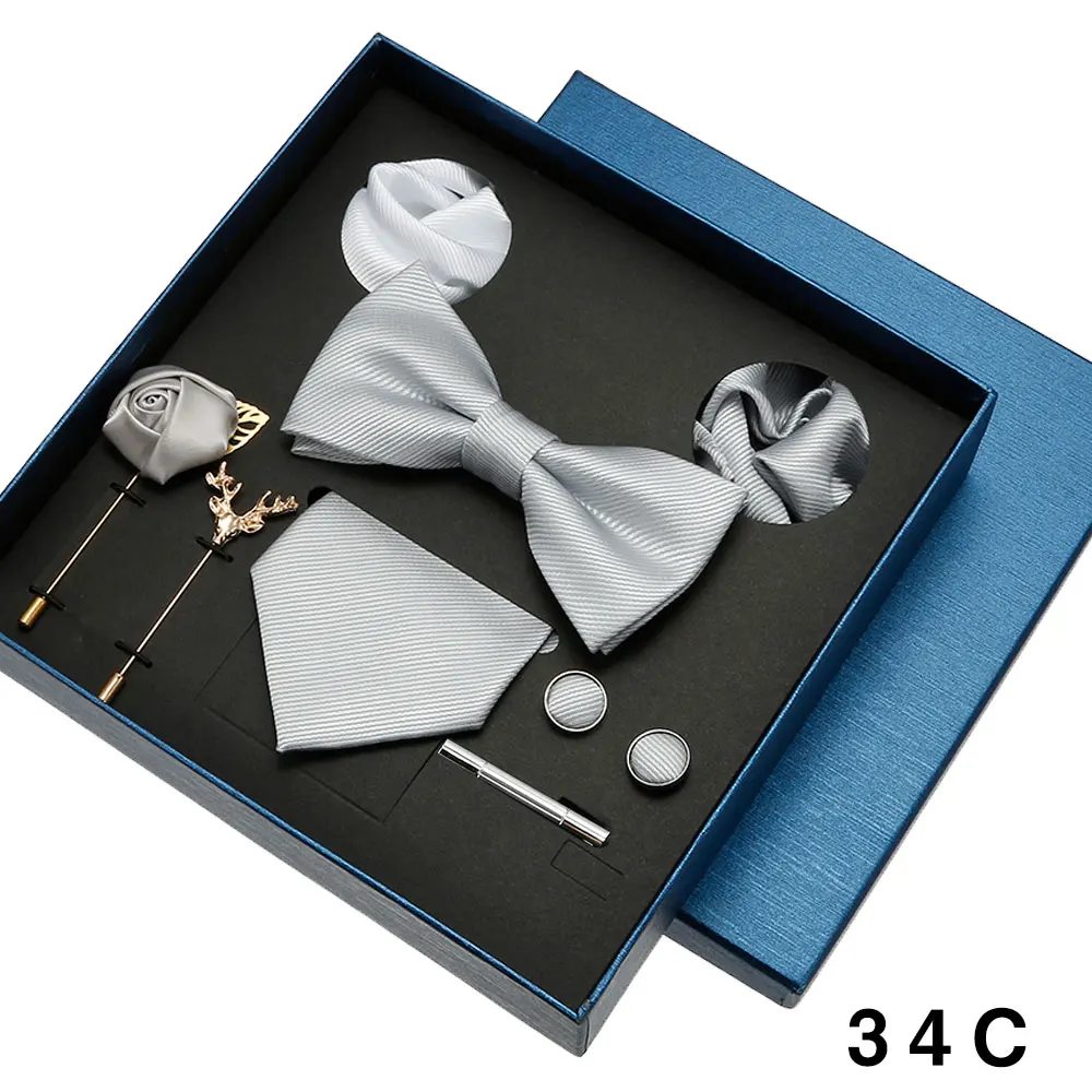 8-teiliges Luxus-Herren-Krawatten-Set in Geschenkbox, Krawatte mit festlicher Hochzeit, Fliege, Einstecktücher, Manschettenknöpfe, Clip-Broschen, Anzug – Detail 6