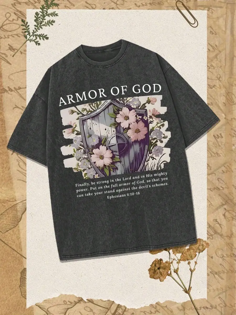 

Armor Of God Floral Shield Print Retro Casual T-Shirt For Men