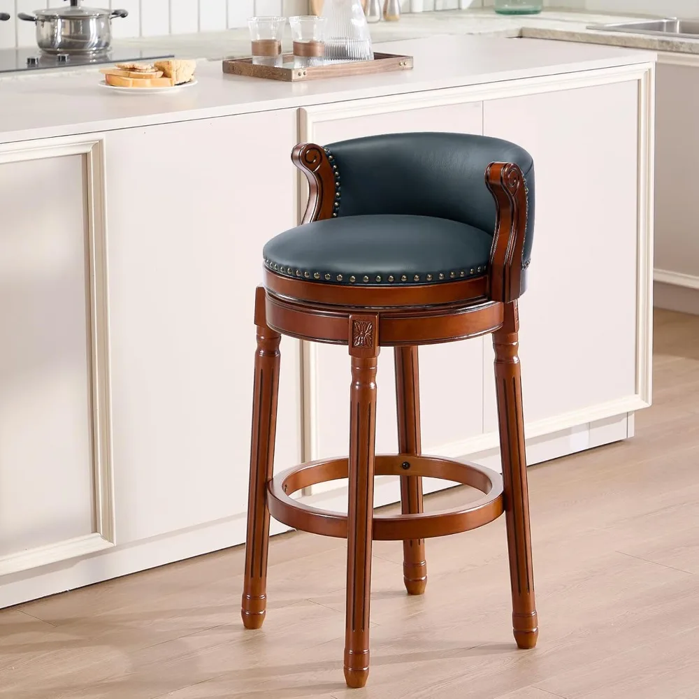 

30-дюймовый поворотный барный стул из массива дерева с обивкой из натуральной кожи и спинкой