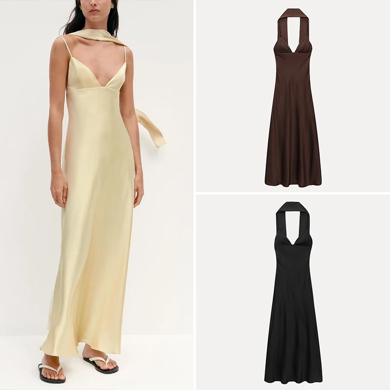실크 새틴 얇은 스카프 장식 패셔너블한 여름 신상 여성 드레스 Z 하이웨이스트 롱 스커트 브이넥 민소매 가운