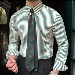 Summer British Casual Seersucker Striped Long Sleeve Shirt Men's Slim Casual Business Shirt High Quality Camisa Social Masculina