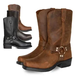 Luxury Retro Cowboy Boots Men Mid Calf Western Boot Men Pu Leather Man Slip On Shoes Winter Knight Boots Booties Plus Size 48
