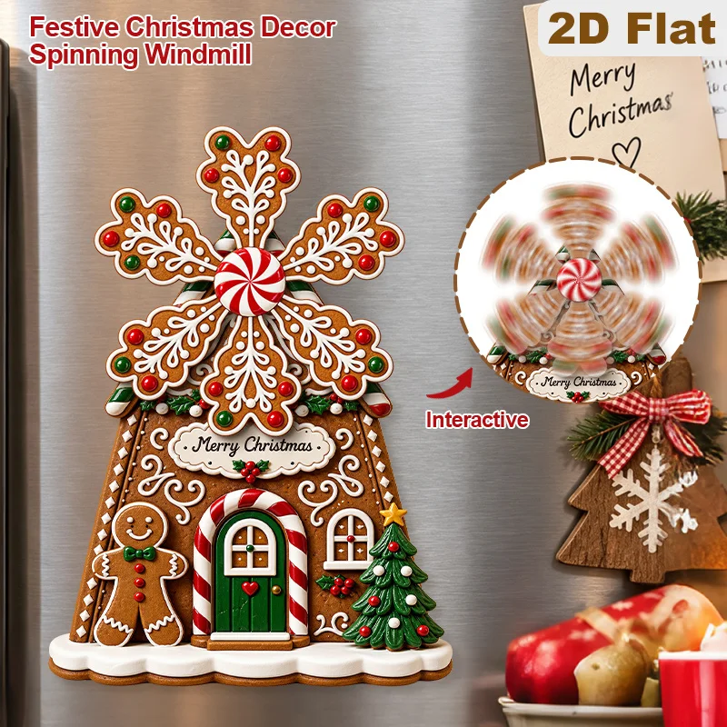 2D Flat, 1pc Rotating Snowflake Windmill Gingerbread House Fridge Magnet, Merry Christmas Gingerbread Man Wooden Refrigerator