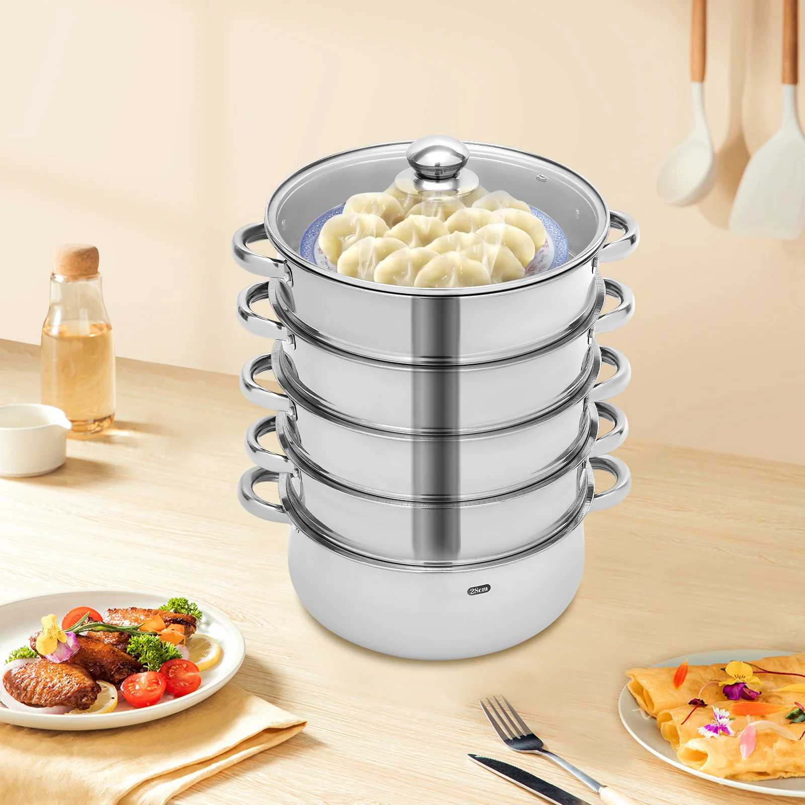 Multifunctional Stainless Steel Steamer 26cm/28cm/30cm 5-Tier Kitchen Cooking Steamer Durable And Easy-to-clean