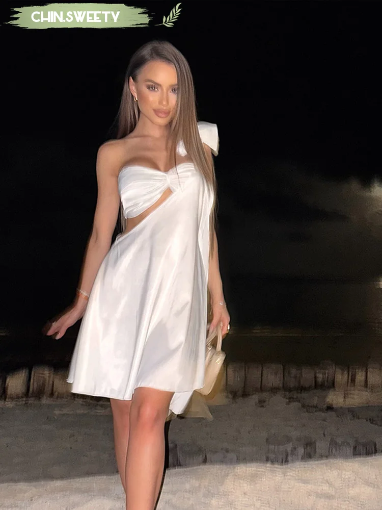 

Solid Satin Hollow Out Mini Dress Women Sexy Strapless Asymmetrical Sleeveless Short Dresses 2025 New Summer Holiday Female Robe
