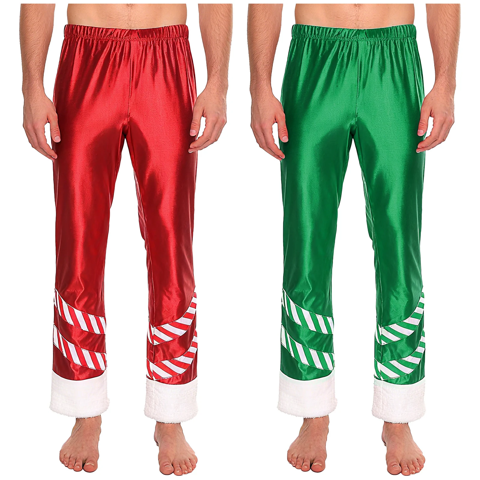 الرجال سانتا مخطط زي أداء السراويل المعدنية لامعة مطاطا حزام واسعة الساق السراويل الطويلة لعيد الميلاد السنة الجديدة تأثيري الطرف