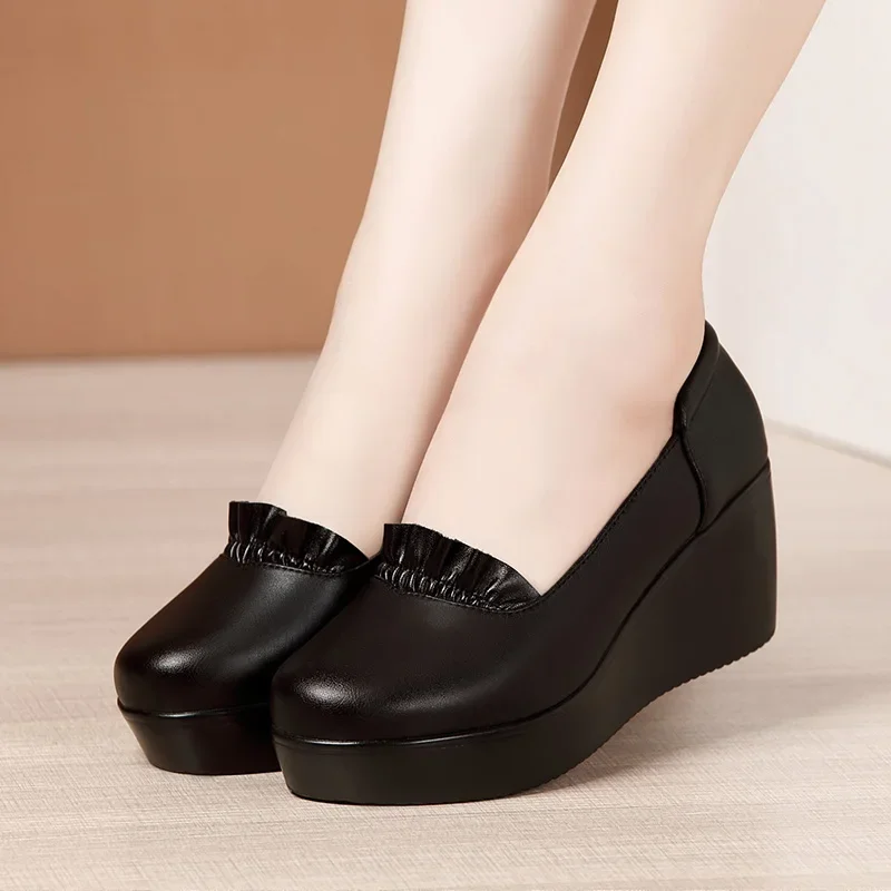 YAERNI Round head middle ages women shoes wedge heel office shoes women high heels platform ladies heels