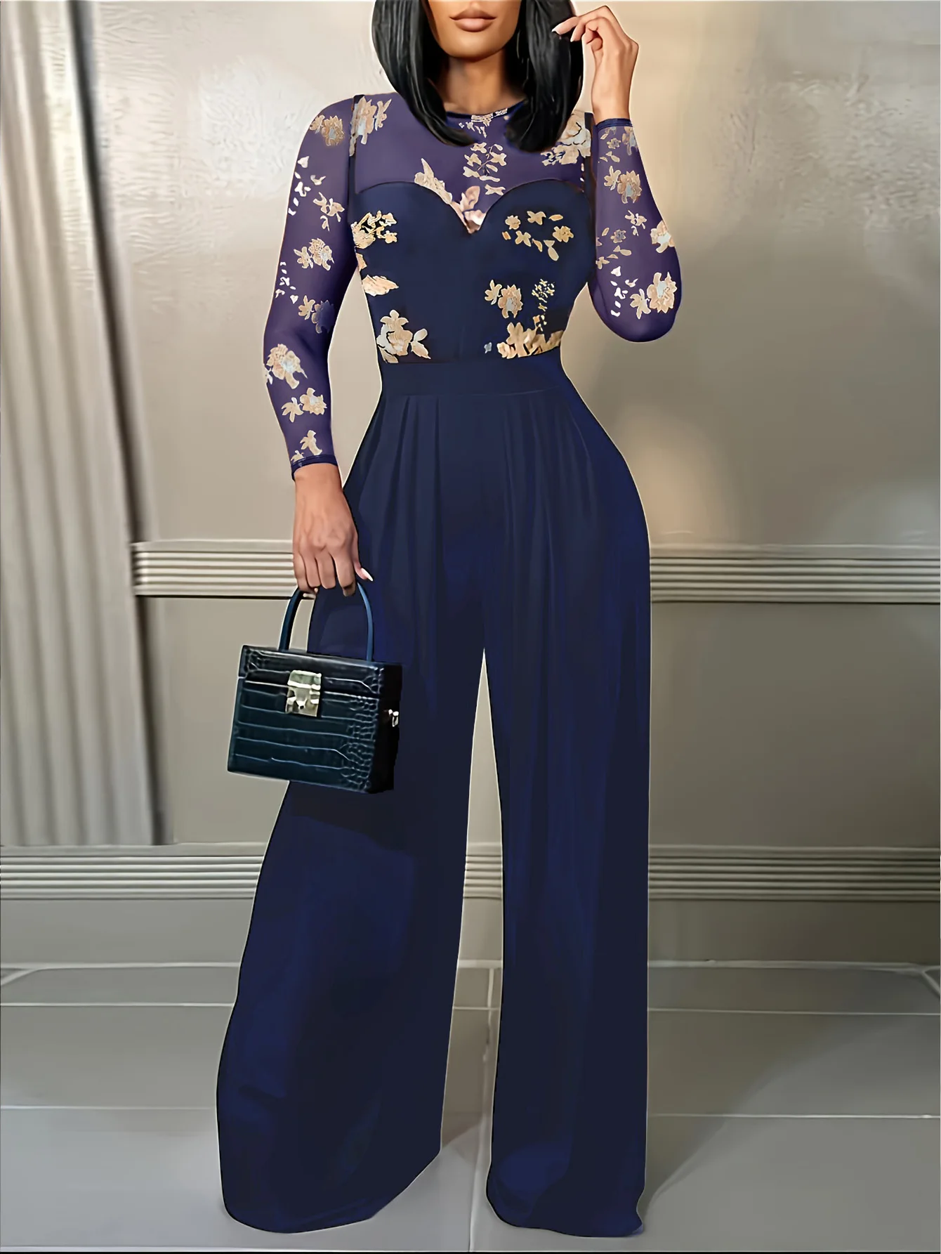 

Floral Embroidered Mesh Panel Jumpsuit Long Sleeve Wide Leg Elegant Woman Clothes with Multiple Colors for Party