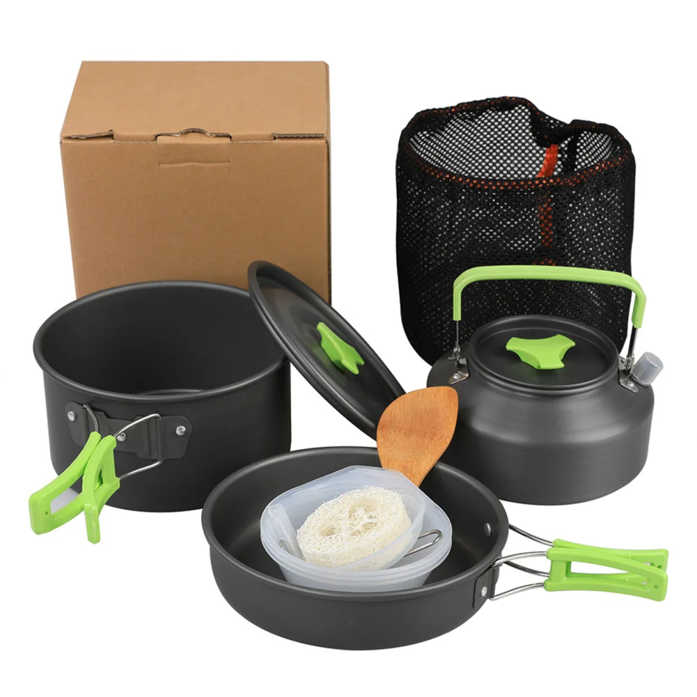 YFASHION 9Pcs Outdoor Camping Cookware DS310 Picnic Cooking Set With Pot Frying Pan Kettle Plastic Bowl Spoon Rice Shovel Loofah