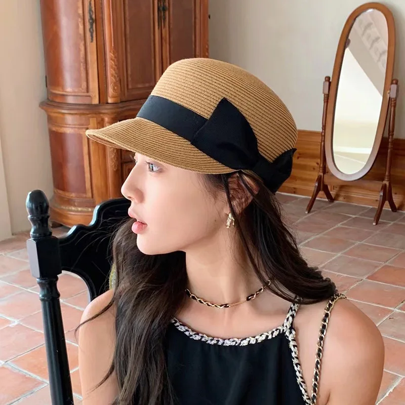 Face-Looking and Age-Reducing Bowknot Dome Straw Hat Female Summer Straw Hat Travel-Proof-Proof Equestrian Hat