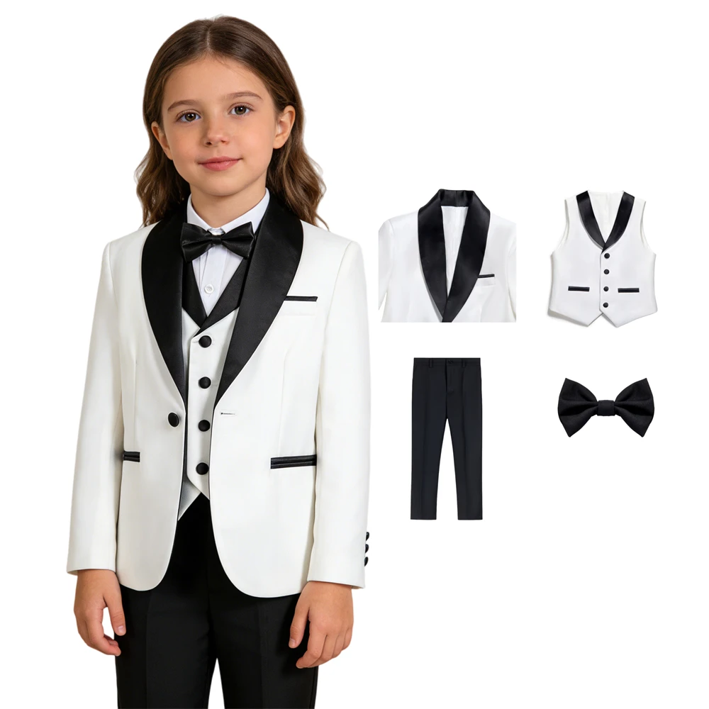 

Детский белый костюм-тройка (пиджак, жилет, брюки) с рубашкой и галстуком-бабочкой, с черной отделкой, для свадьбы, выпускного вечера, торжественных мероприятий, элегантная одежда