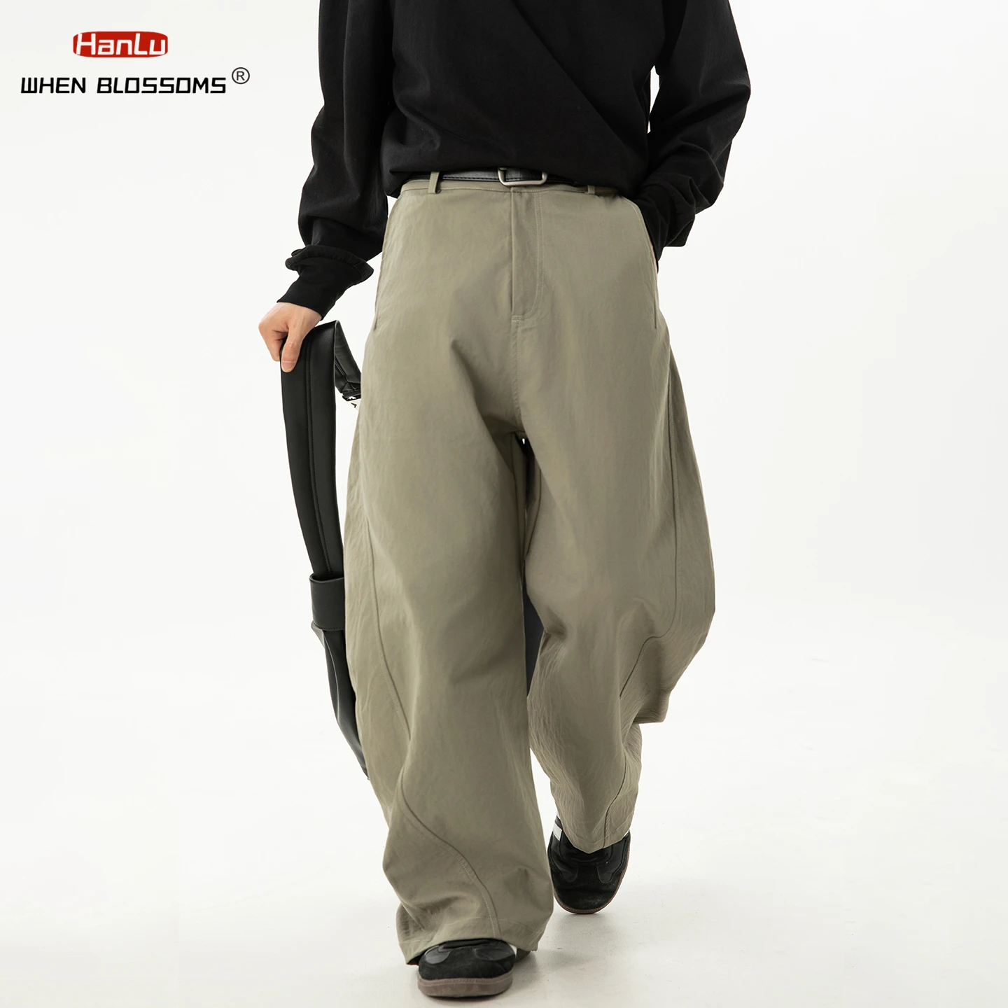 HANGLU 2025 Men's Side Panel J-Cut Trousers Pleated Design Loose Fit Vintage Streetwear Casual Pants