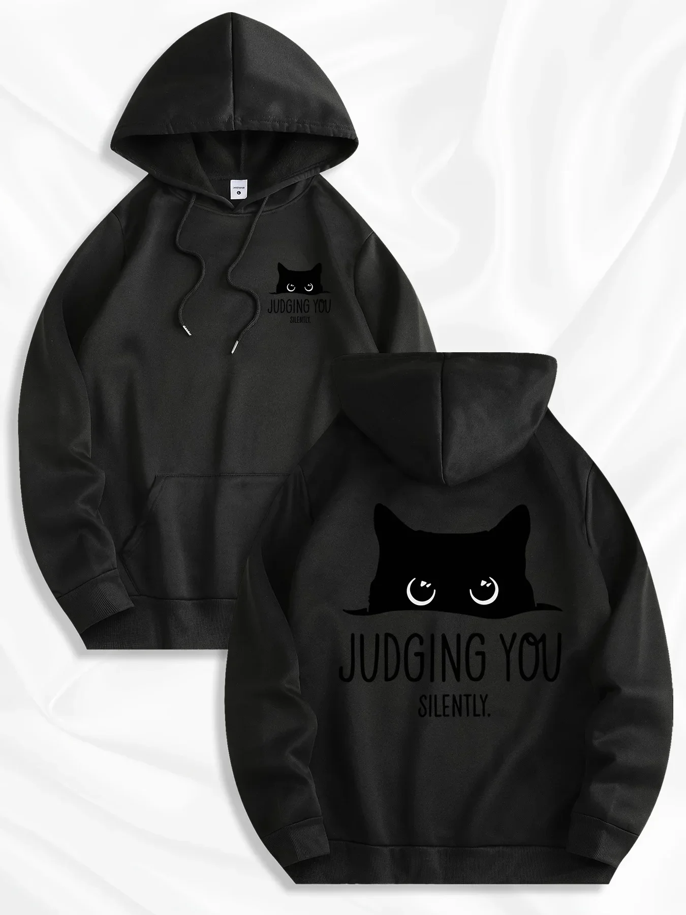 Funny Sly Black Cat Hoodie Judging You Silently Letter Graphic Sweatshirt Unisex Minimalist Trendy Streetwear   Daily Tops
