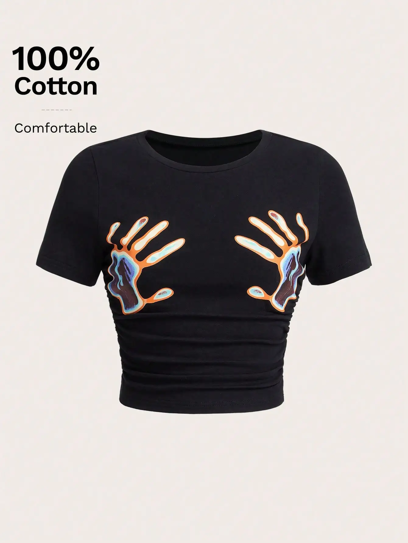 

Black Abstract Hand Graphic Ruched Crop Top - 100% Cotton