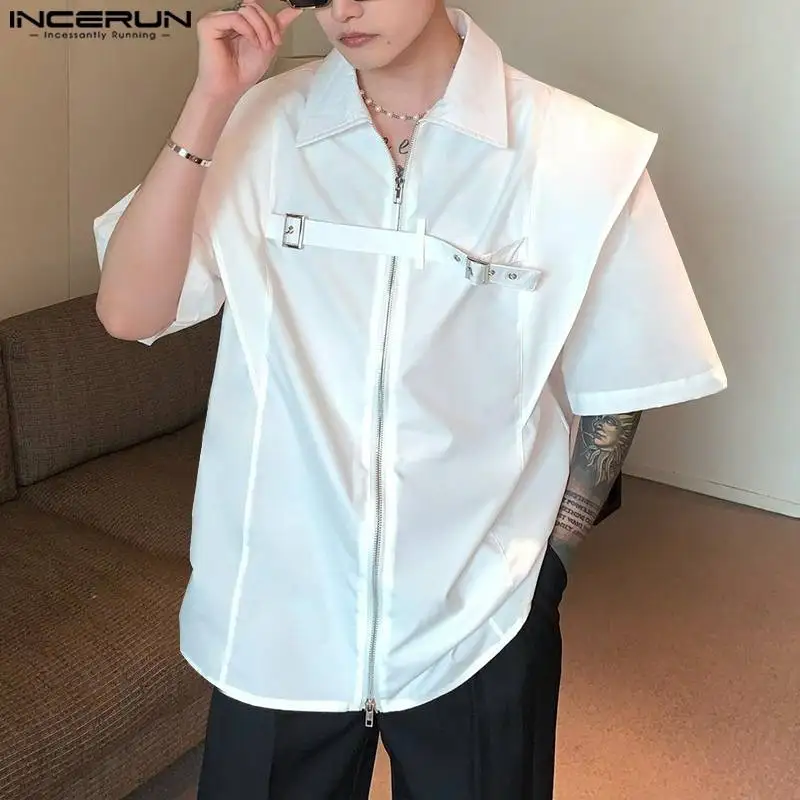 INCERUN Men Shirt Lapel Short Sleeve Solid Color Zipper Loose Casual Men Clothing Streetwear Summer 2024 Fashion Male Shirts