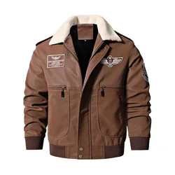Men's Winter Warm Flight Bomber Jacket Fleece Lined Thick Thermal Motorcycle Coat Faux Leather Biker Outerwear Big Size XL-8XL