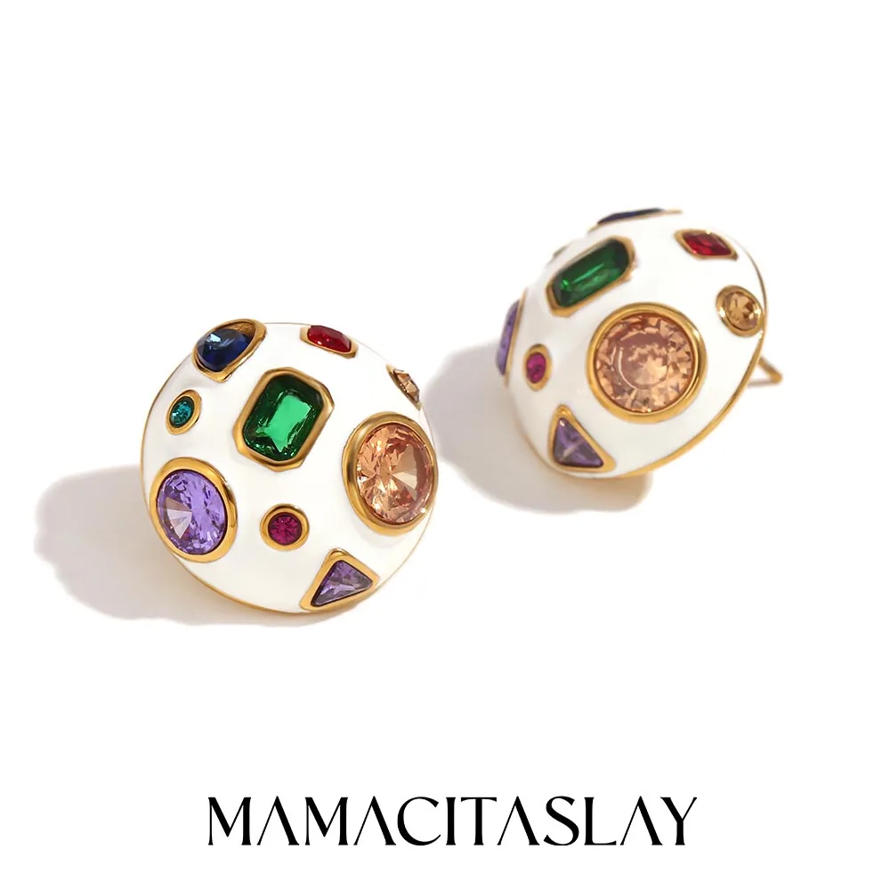 MamacitaSlay New Trendy Stainless Steel Multicolored Zircon Round Earrings Design Statement Waterproof Jewelry Minimalist Gift