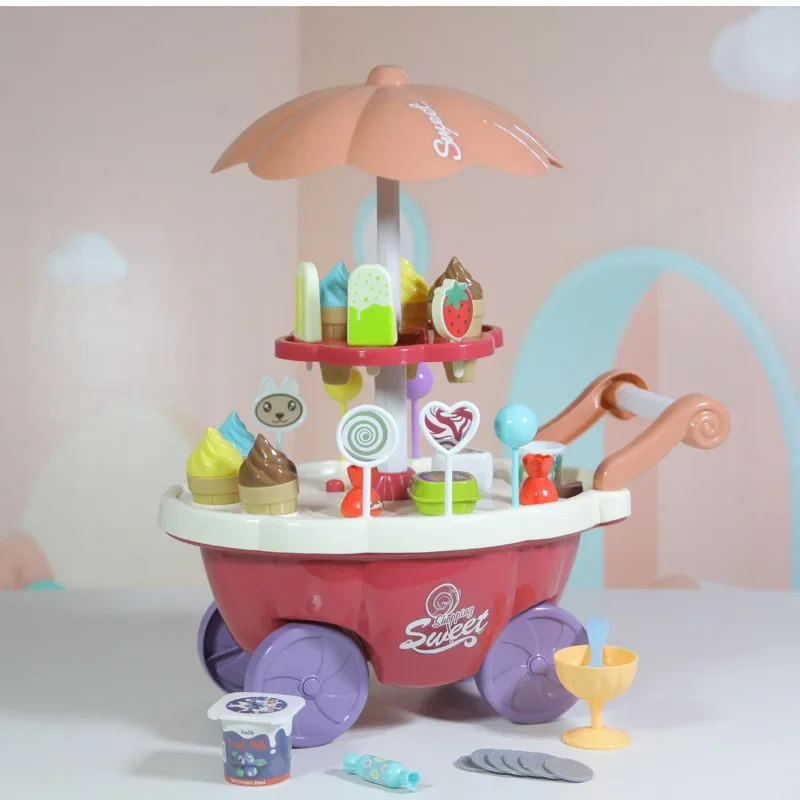 Children kitchen Pretend play home accessories simulated tableware mini ice cream candy trolley supermarket store toys Push Cars