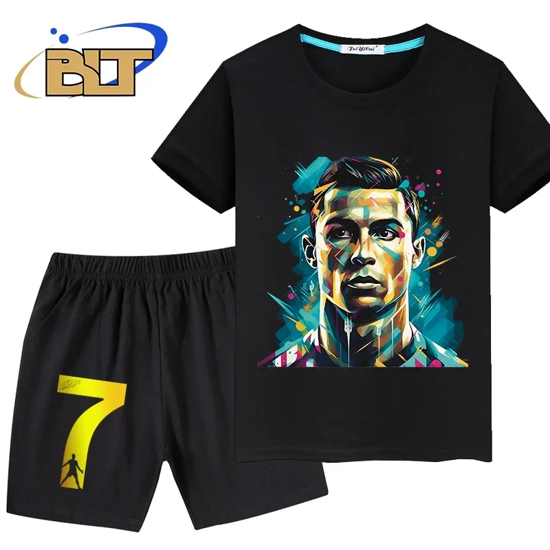 Ronaldo head print children's clothing summer kids T-shirt set pure cotton short-sleeved shorts 2-piece set boys and girls gifts
