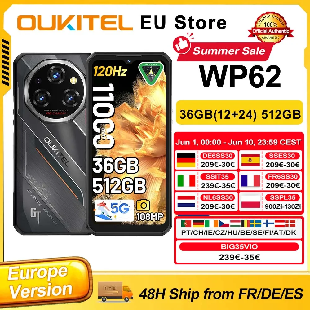 OUKITEL WP62 Smartphone robuste Android 15, 36 Go (12 + 24) de RAM, 512 Go de ROM, écran FHD+ de 6,6 pouces, appareil photo principal de 108 MP, batterie de 11 000 mAh, charge rapide 33 W, NFC