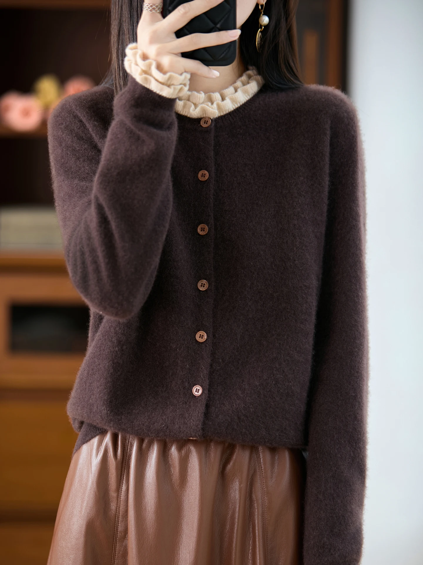 100% Merino Wool Women's Button Cardigan Fungus Collar Autumn Winter Casual Fashion Cashmere Knitted Sweater