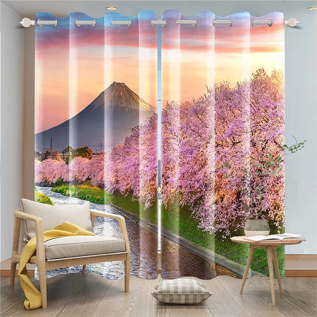 

Pink cherry blossom forest green grass curtain, a set of two sets, home bedroom living room shade curtain