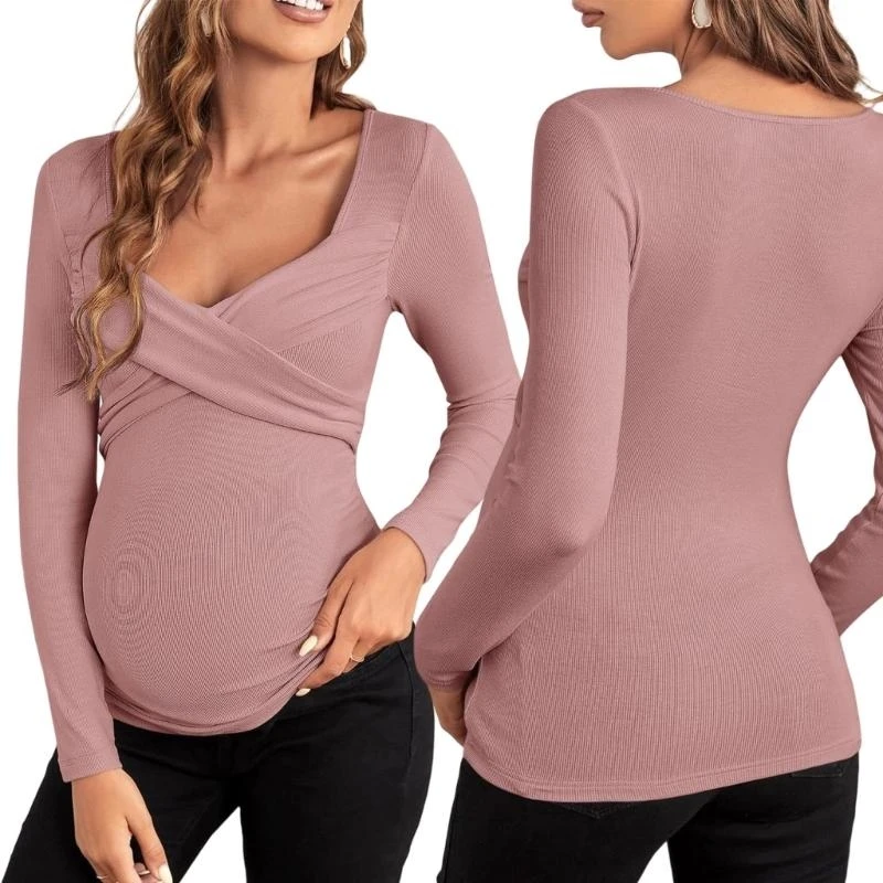 camisa-lactancia-maternidad-manga-larga-top-cruzado-elastico-con-cuello-en-v-mezcla-poliester-transpirable-para