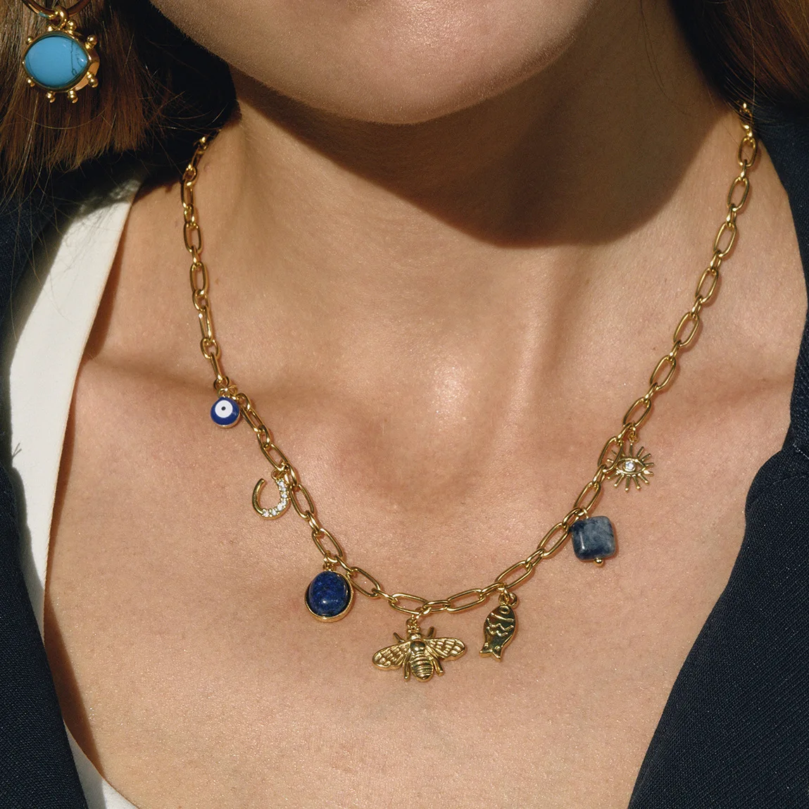 

YHTOT Vintage 18K Gold Color Plated Stainless Steel Lapis lazuli Blue Dripping Oil Devil's Eye Pendant Necklace White Water Rhi